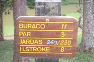 Hinweistafel vom Golfplatz vom Petropolis Golfclub im Bundesstaat Rio de Janeiro.